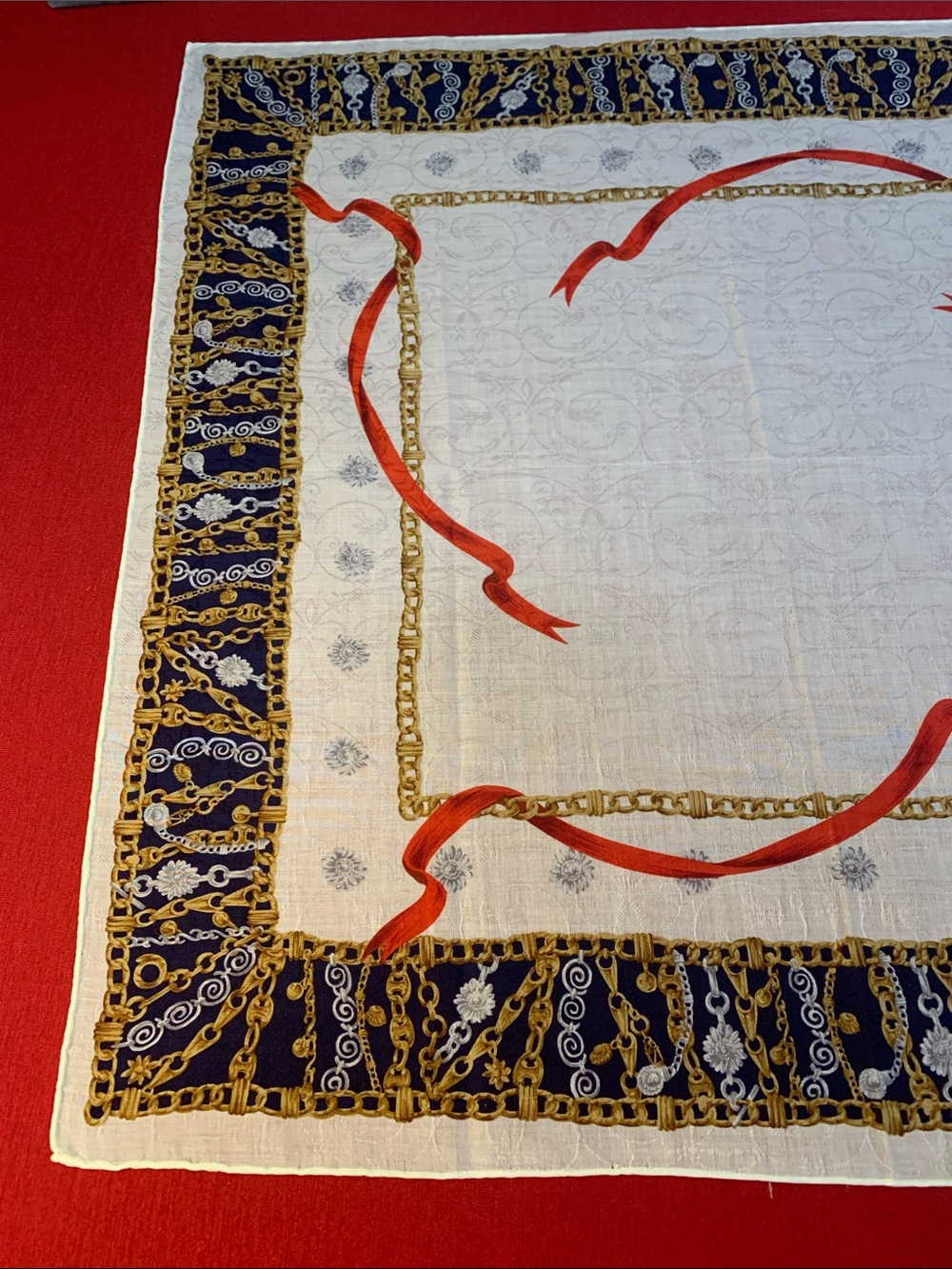 NWT Celine White Cotton Scarf with Red Ribbon and Navy Gold Chain Border - Picture 5 of 6